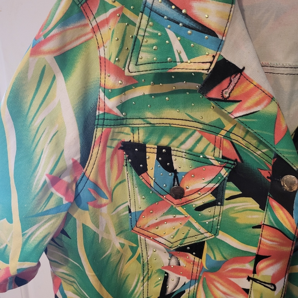 DG2 by Diane Gilman Jacket Women's 1X Colorful Floral Studded Button Stretch EUC - Picture 3 of 6